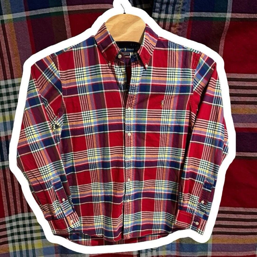 Ralph Lauren Button Front Shirt Mens Large Classic‎ Fit Plaid 100% Cotton